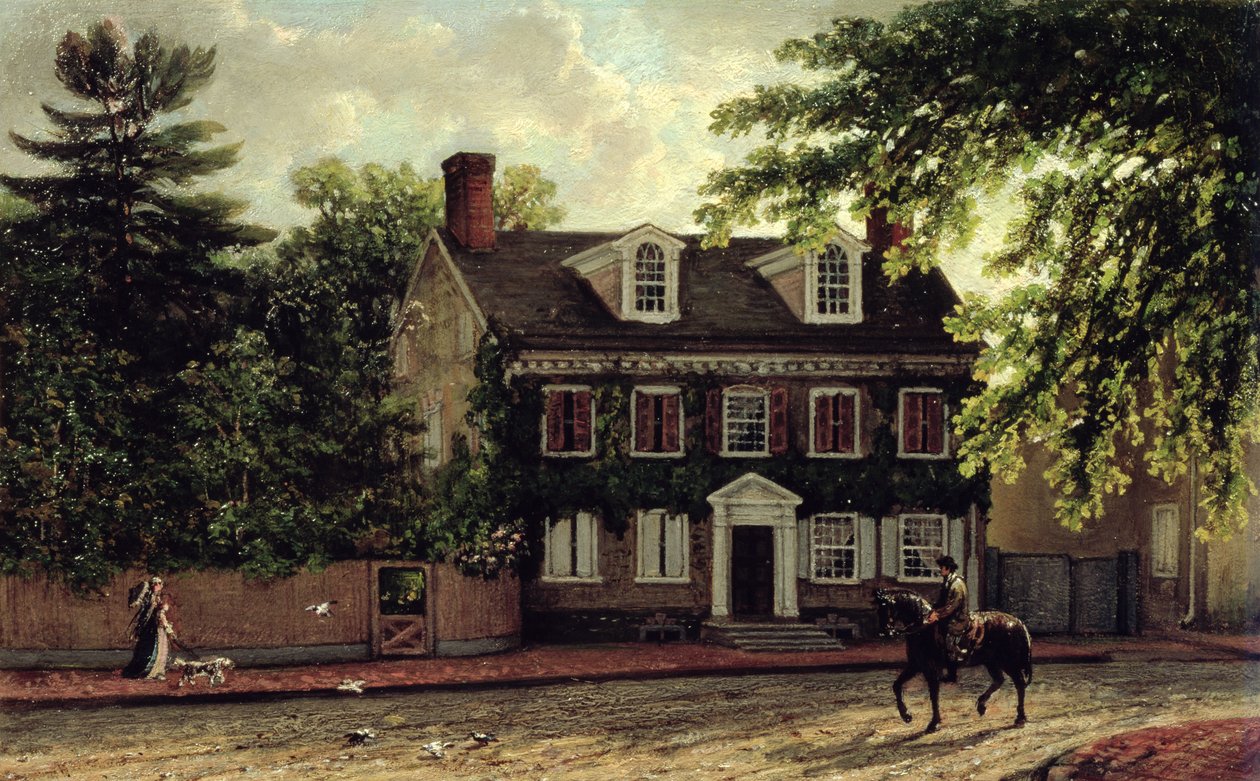Washingtonova rezidence v Germantown, kolem roku 1880 (olej na mlýnské desce) od Isaac Williams