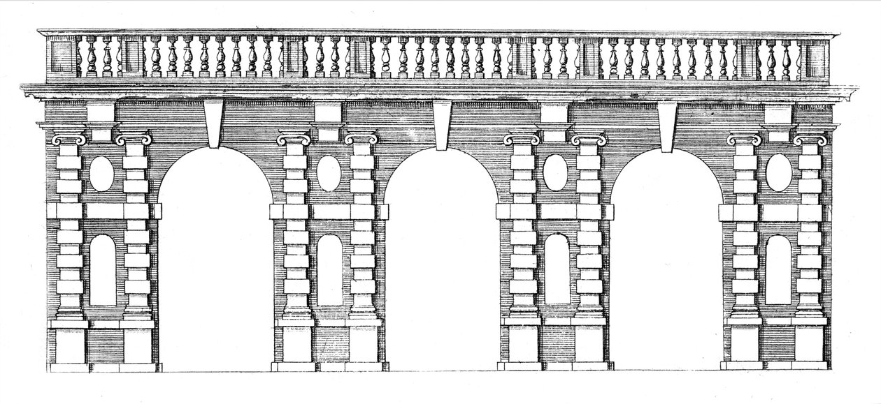 Návrh arkády s balustrádou z The Gardens of Wilton, kolem roku 1645 od Isaac de Caus