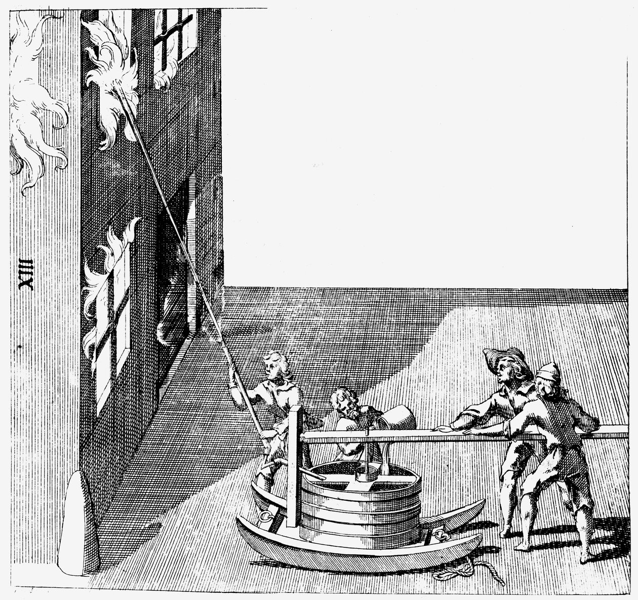 Hasičský vůz, od Isaaca de Caus Nouvelle Invention de Lever l’Eau Plus Hault, 1664 od Isaac de Caus