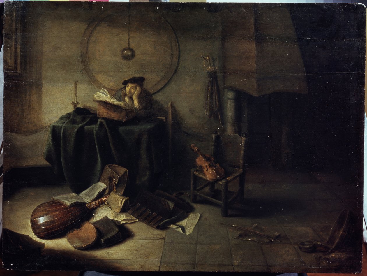 ""Melancholie II"" (Melancholie II (vědec ve svém studiu)) Muž studující hudbu, zamyšlený výraz. Obraz Isaaca de Jouderville (1613-1648) Serpoukhov, Státní muzeum historie a umění od Isaac de Jouderville