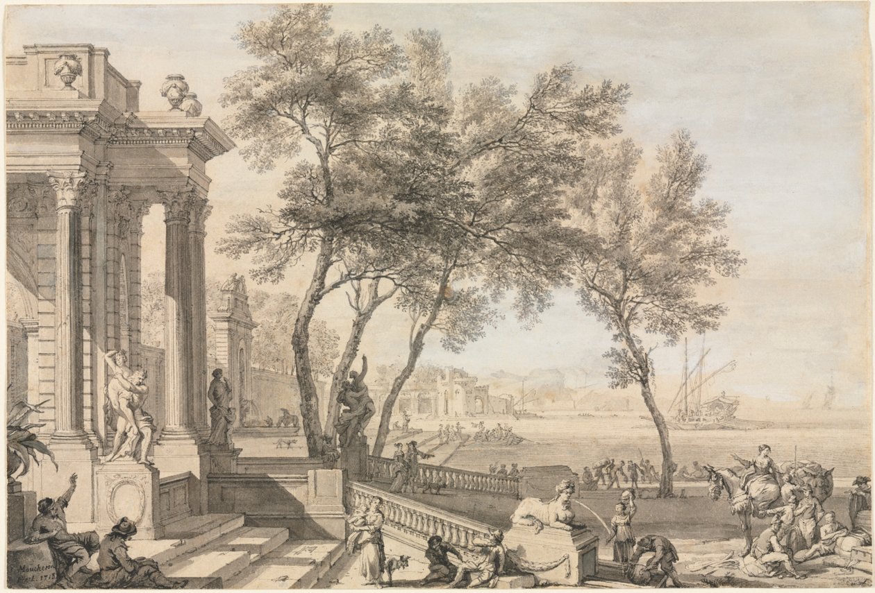 Fantastická přístavní scéna s architekturou a postavami od Isaac de Moucheron