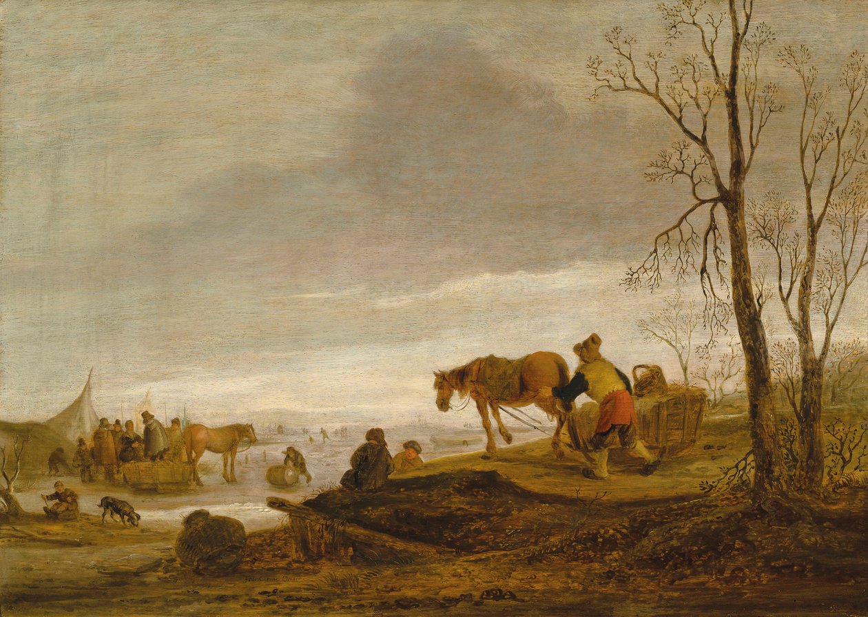 Zimní krajina s postavami na zamrzlé řece od Isaac van Ostade