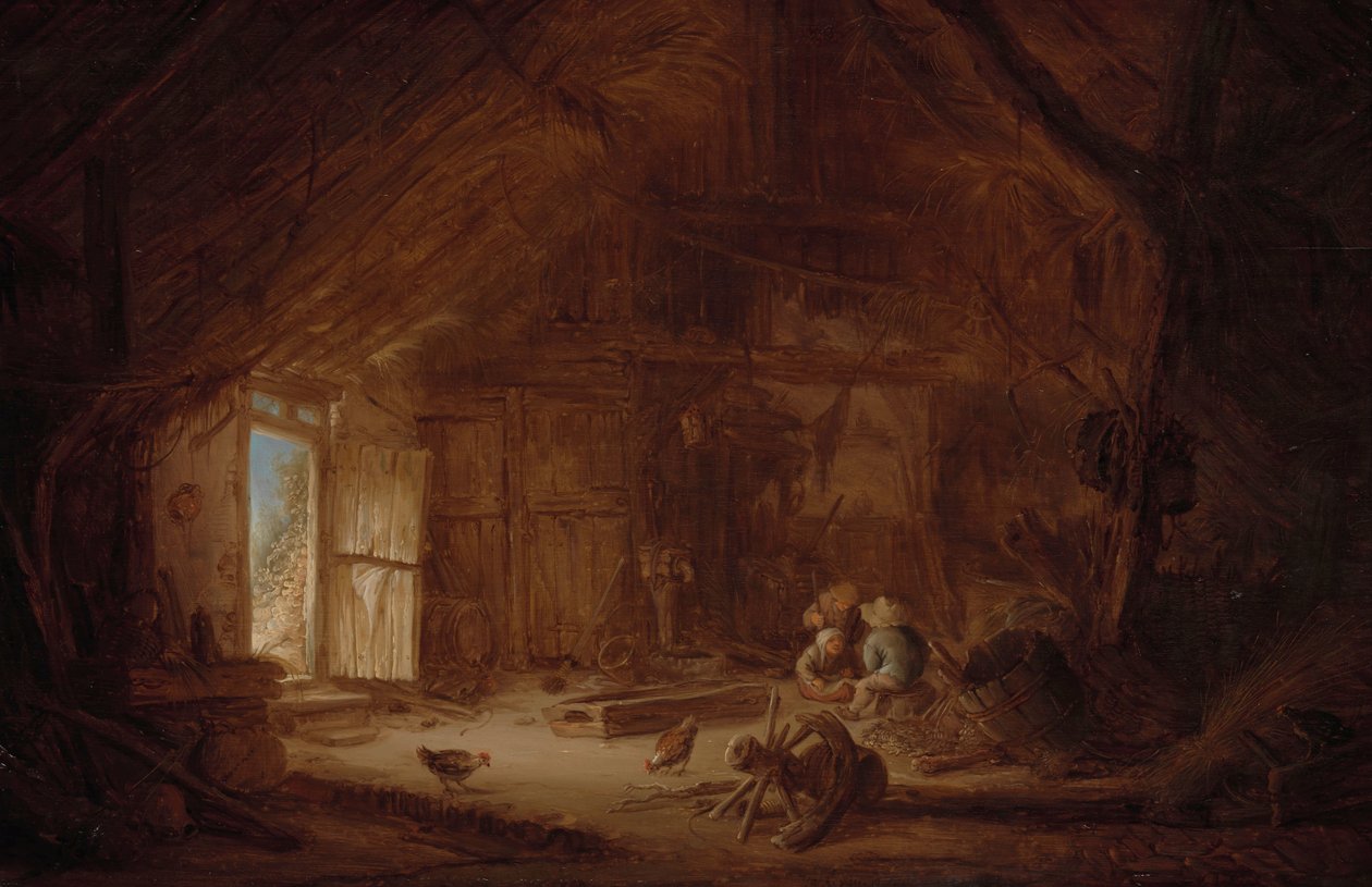 Interiér stáje se třemi dětmi od Isaac van Ostade