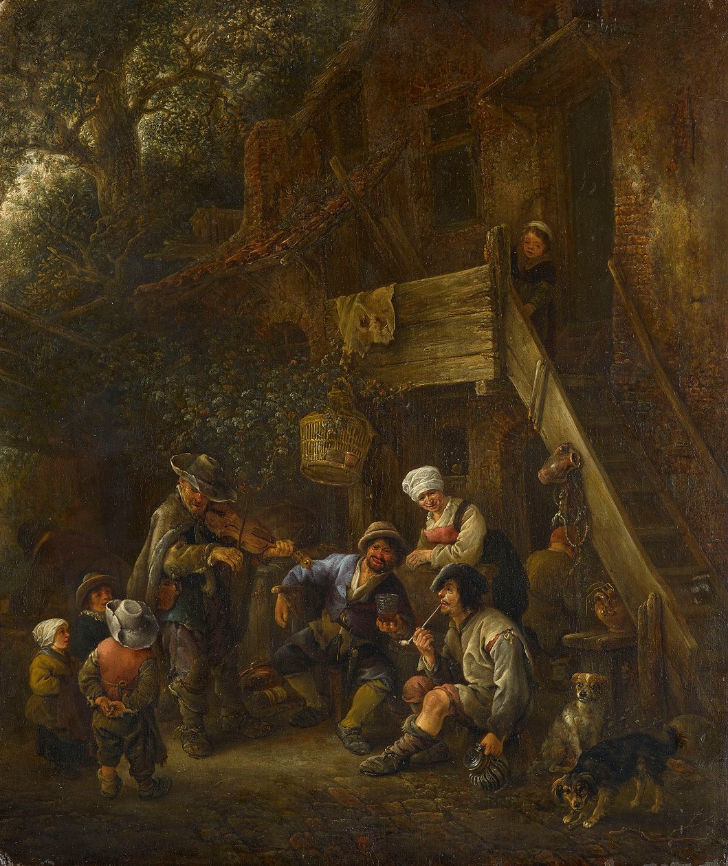Sedláci poslouchají slepého houslistu před chalupou od Isaac van Ostade