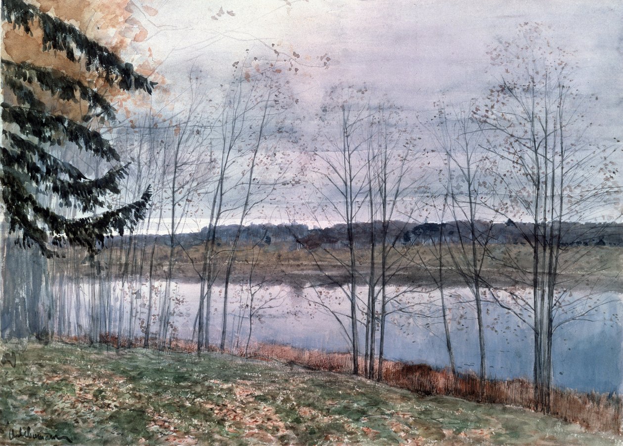 Podzim (podzim). Popis břehů vodního toku s holými stromy. Dílo Isaaca (Isaaca) Iljiče Levitana (1860-1900), akvarel na papíře od Isaak Ilyich Levitan