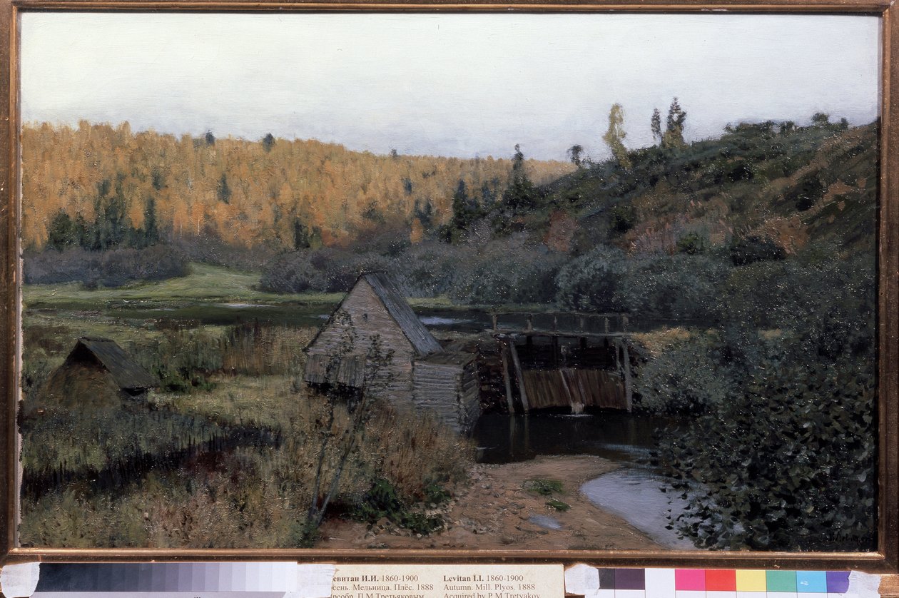 Podzim. Mlýn. Plios (Rusko) (podzim. Mill. Plyos). Obraz Isaac (Isaac) Iljič Levitan (1860-1900), olej na plátně od Isaak Ilyich Levitan