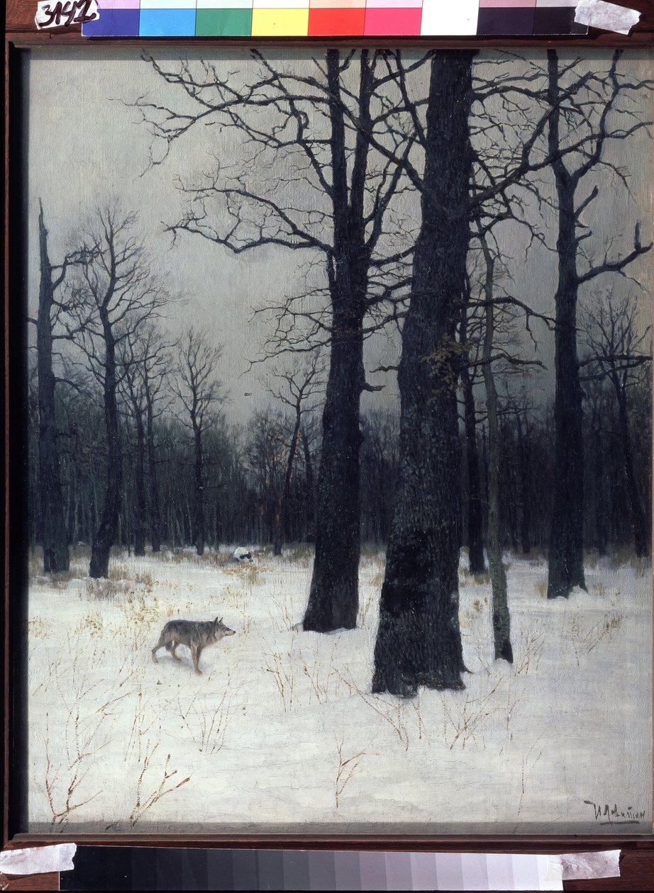 Les v zimě. Černé, holé stromy ve sněhu, s vlkem. Obraz Isaaka Iljiče Levitana (1860-1900), olej na plátně od Isaak Ilyich Levitan