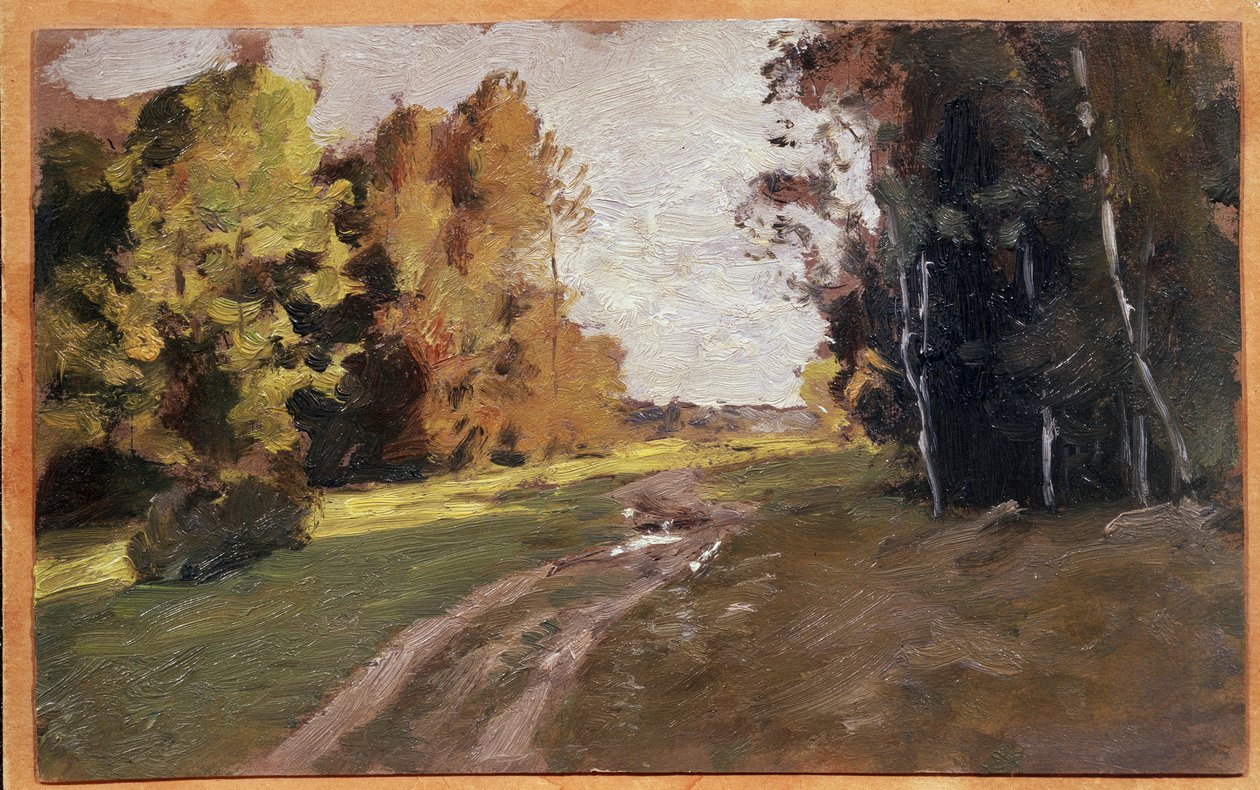 Večer cesta v lese. (Večer, cesta v lese). Obraz Isaac (Isaac) Iljič Levitan (1860-1900), olej na plátně od Isaak Ilyich Levitan