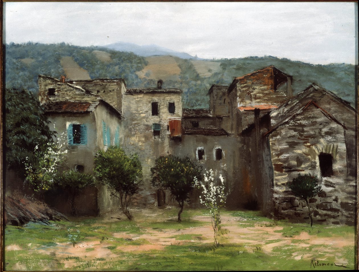Nedaleko Bordighera v severní Itálii. (Nedaleko Bordighery. V severní Itálii). Popis skupiny budov v Ligurii. Dílo Isaaka (Isaaca) Iljiče Levitana (1860-1900), pastel na papíře od Isaak Ilyich Levitan