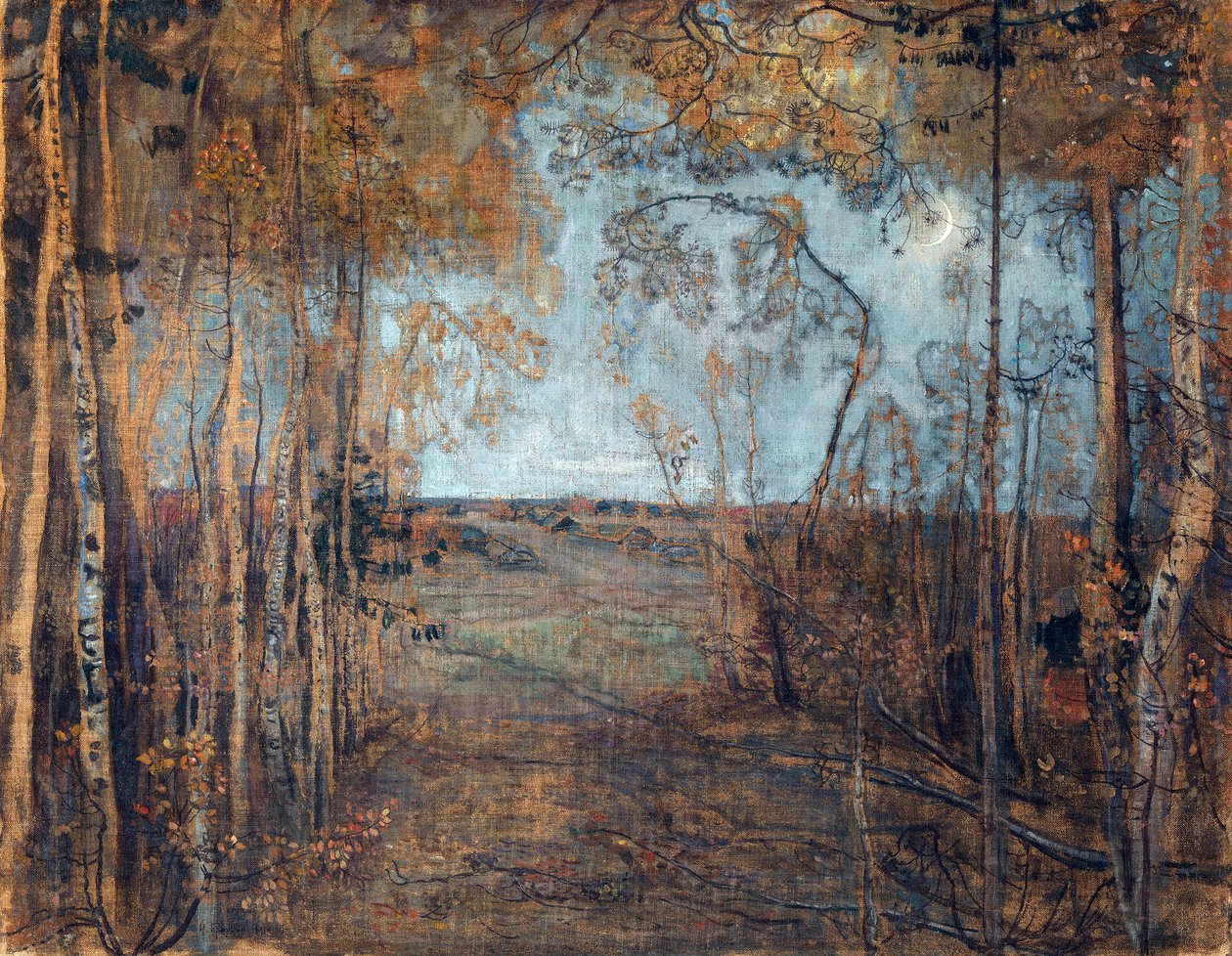 ""Nový měsíc" (Nový měsíc) Noční dřevěná krajina Malba Isaaka Brodského (1884-1939) Olej na plátně 1912 Rozměr 62x80 cm Soukromá sbírka od Isaak Israilevich Brodsky