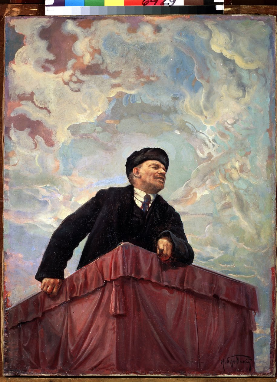 Portrét Vladimira Lenina (Lenin) (1870-1924), ruského politika a revolucionáře na tribuně. 1927. Obraz Isaaka Izraileviče Brodského (Brodského) (1884-1939). Saint-Petersburg, Ruské muzeum. od Isaak Israilevich Brodsky