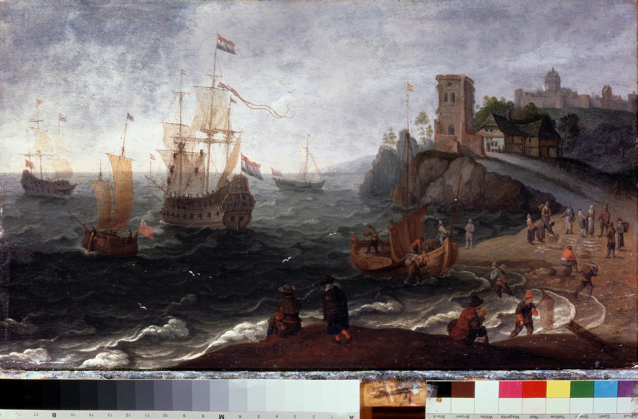 Rybí trh na pláži (rybí trh na pobřeží). Obraz Isaaca Willaertse (1620-1693). Olej na dřevě, 35,5 x 67 cm, kolem 1640. Nizozemské umění 17. století. Státní muzeum historie a umění, Serpukhov (Rusko). od Isaak Willaerts