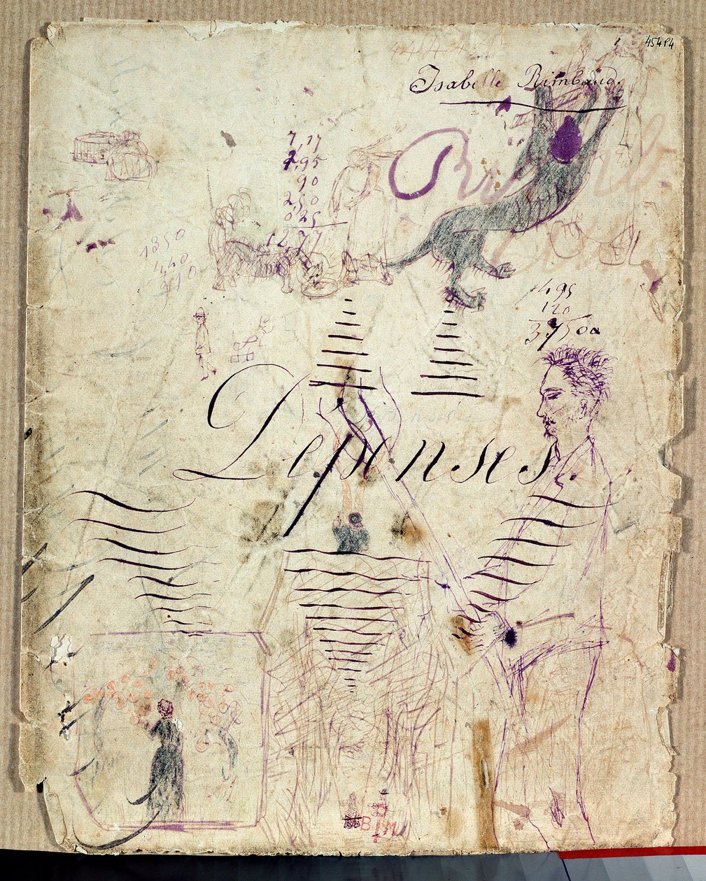Arthur Rimbaud pomáhá při sklizni. Kresba Isabelle Rimbaud fialovým inkoustem na archu konceptů knihy výdajů od Isabelle Rimbaud
