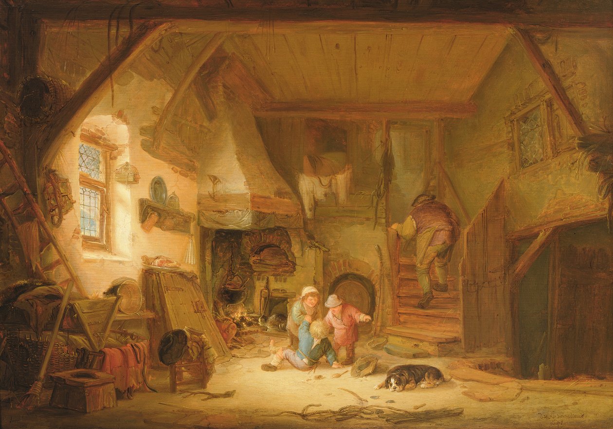 Děti si hrají u požáru chalupy, 1641 od Isack van Ostade