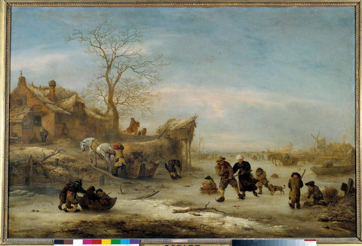 Canal gele s párovým bruslením Malba od Isaaka Van Ostade (1621-1649). Slunce 17. století. 1x1,49m od Isack van Ostade