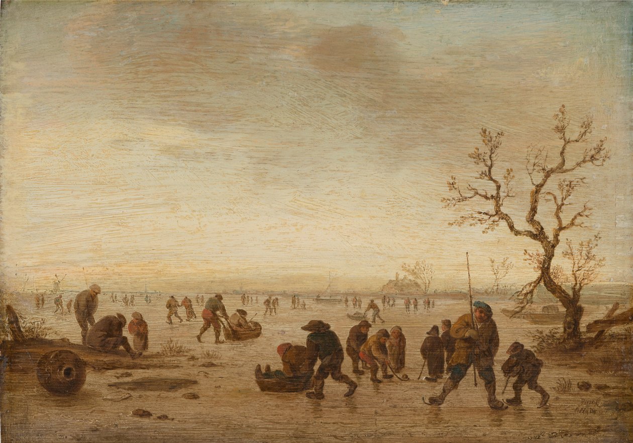 Skaters on the Ice, cca 1642-45 (olej na dubovém dřevě) od Isack van Ostade