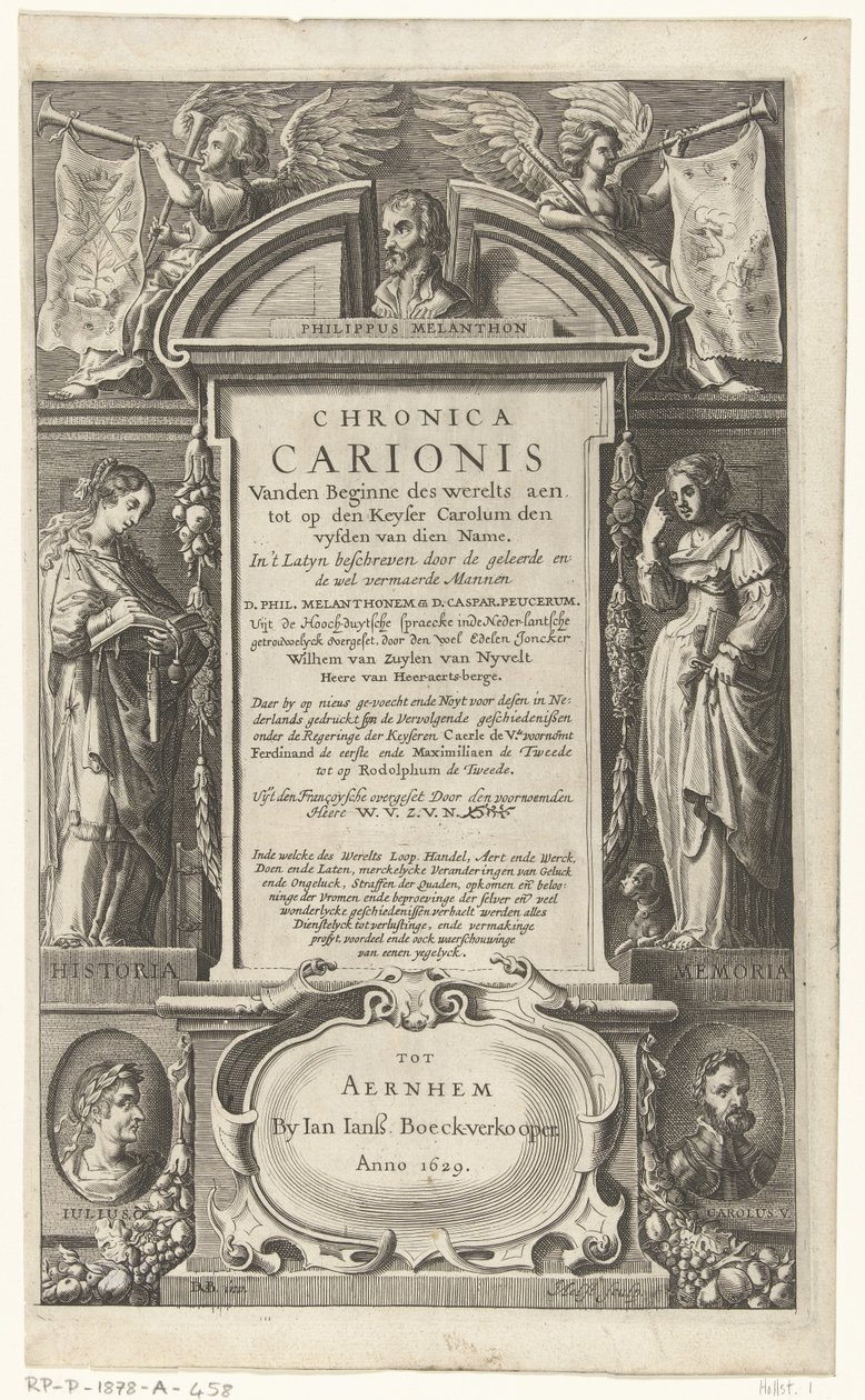 Titulní strana knihy Chronica Carionis od P. Melanchthona Chronica Carionis od počátku světa aen tot den Keyser Carolum (titul na předmětu) od Isaeck van Aelst