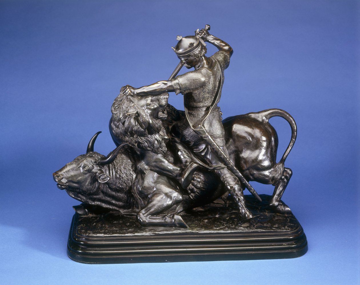 Král zabíjející lva útočícího na býka, kolem roku 1874 (černá patina bronz) od Isidore Jules Bonheur