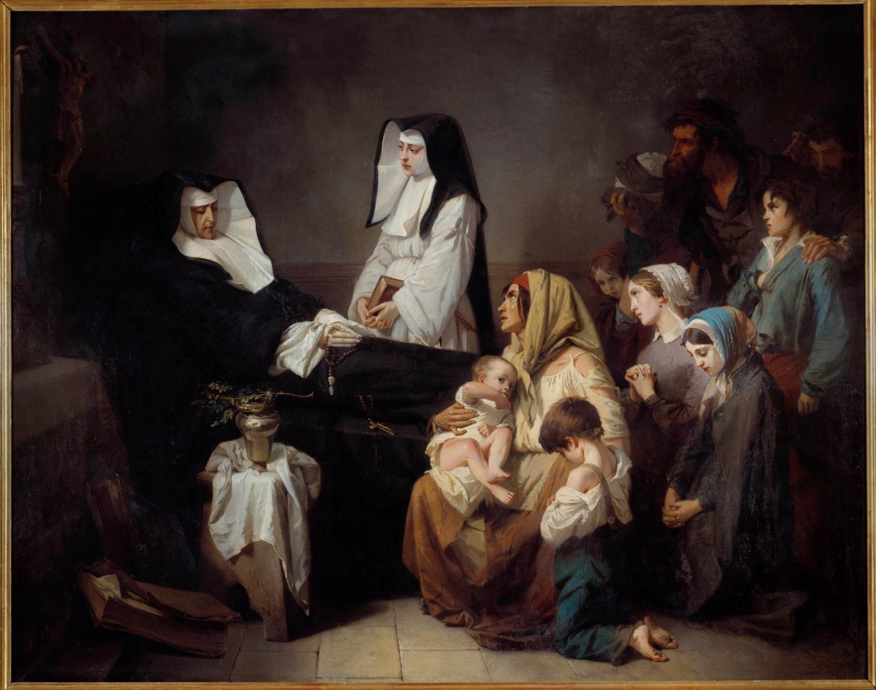 Smrt charitativní sestry U těla jeptišky se shromažďují chudé rodiny. Obraz Isidora Alexandra Augustina Pilse (1813-1875) 1850 Ne. 2,43x3,08 m Paříž, musee d