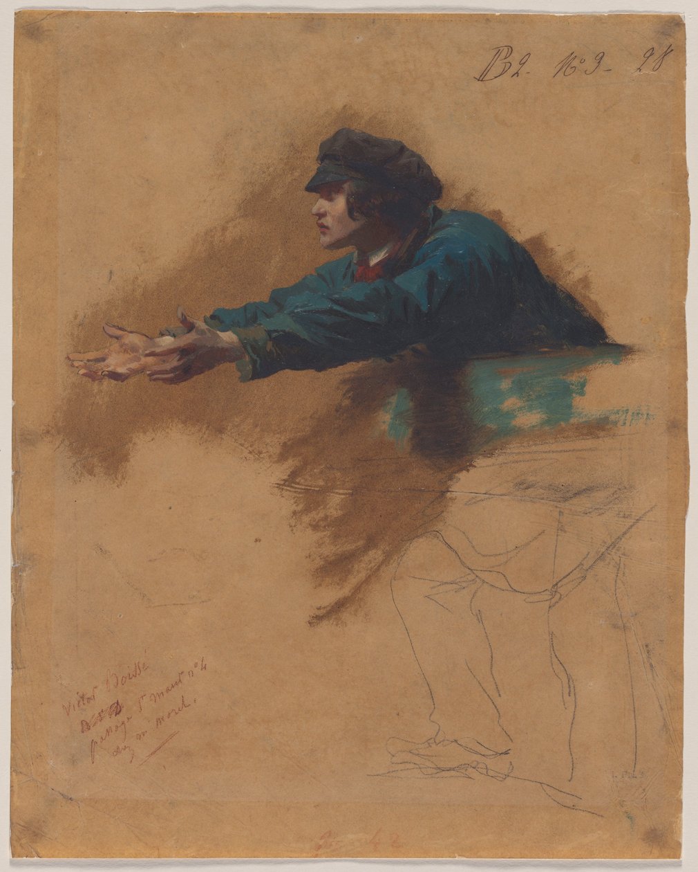 Mladý muž předkloněný s nataženýma rukama (Studie k vojákům rozdávajícím chléb chudým), asi 1851 (olej, hnědá olejová barva nebo tuš a černá pastelka) od Isidore Pils