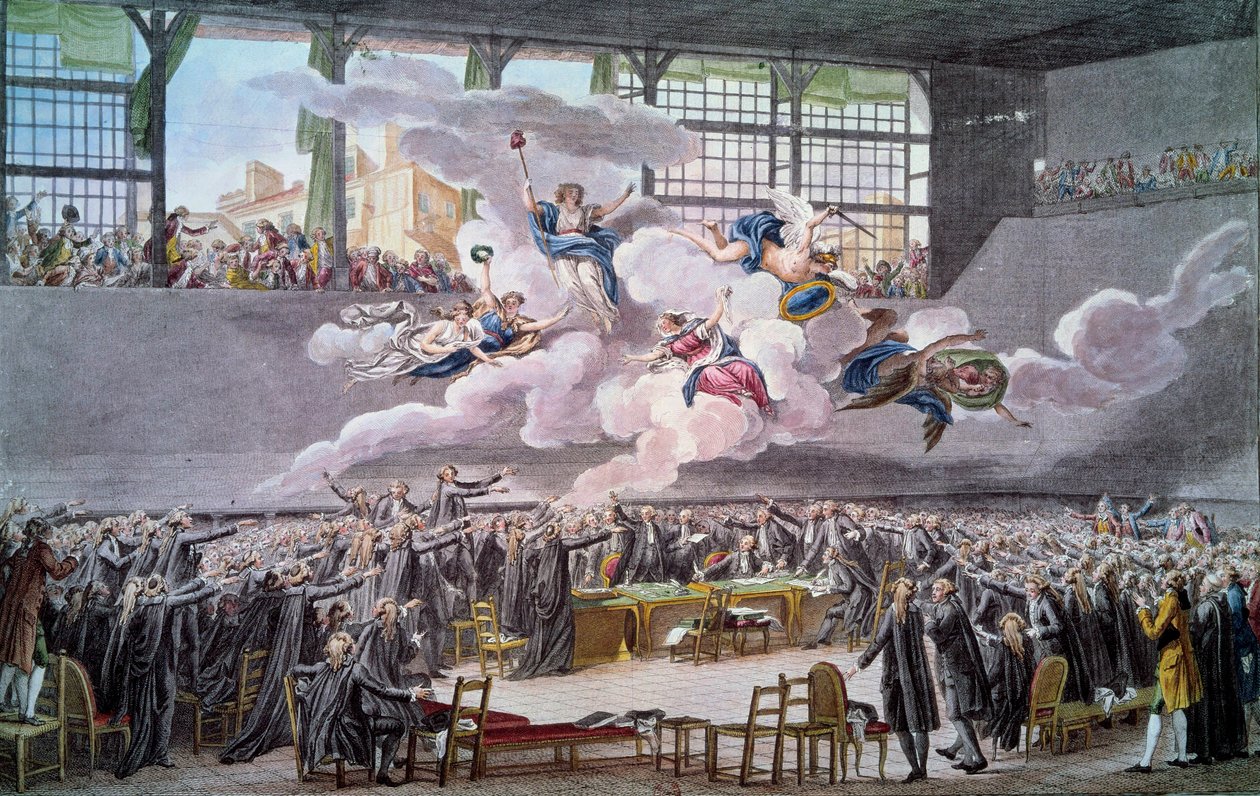 Francouzská revoluce: “” Le oath du jeu de Paume le 20 juin 1789”” Zástupci přísahají, že se neoddělí, dokud nebude opravena ústava. Rytina Isidora Helmana (1743-1809) 1789 Paříž, B.N. od Isidore Stanislas Helman