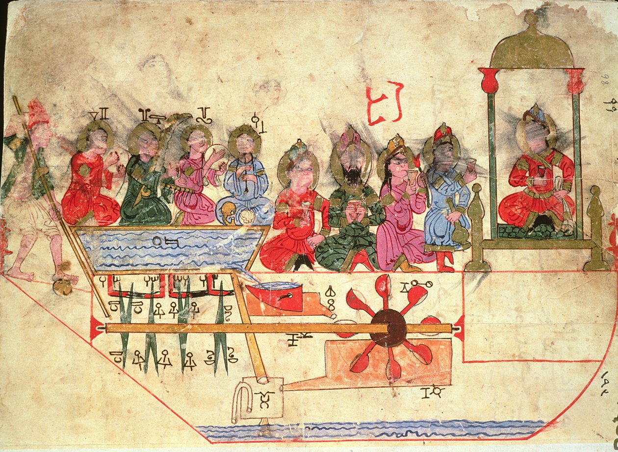 Loď s automaty, ilustrace z „Knihy znalostí mechanických zařízení“ od Al-Djazariho, 1206 od Islamic School