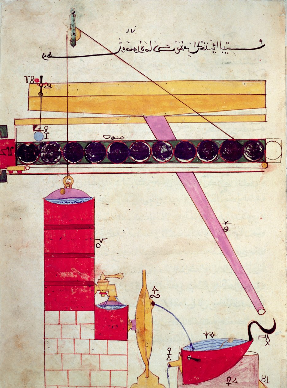 Zařízení pro dodávání vody do fontány, z „Knihy znalostí důmyslných mechanických zařízení“ od Al-Djazariho, 1206 od Islamic School