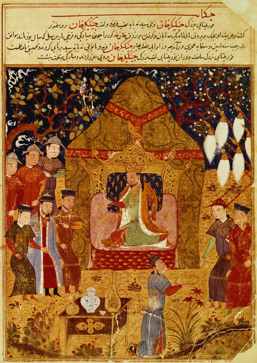 Čingischán ve svém stanu od Rashid al-Din (1247-1318) od Islamic School