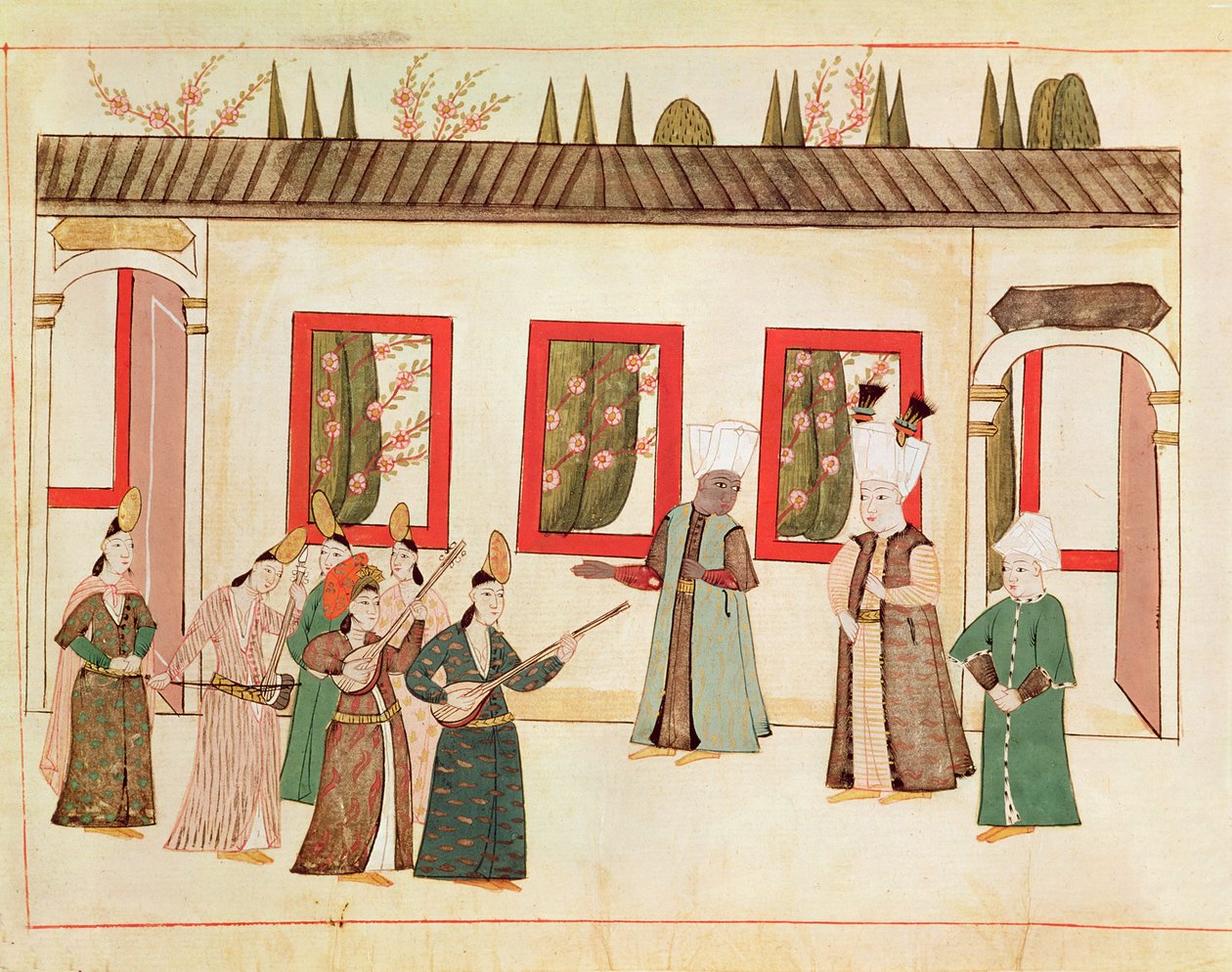 Paní 1671 The Sultan se svým oblíbencem za doprovodu hudebníků a zpěváků, kolem roku 1580 od Islamic School