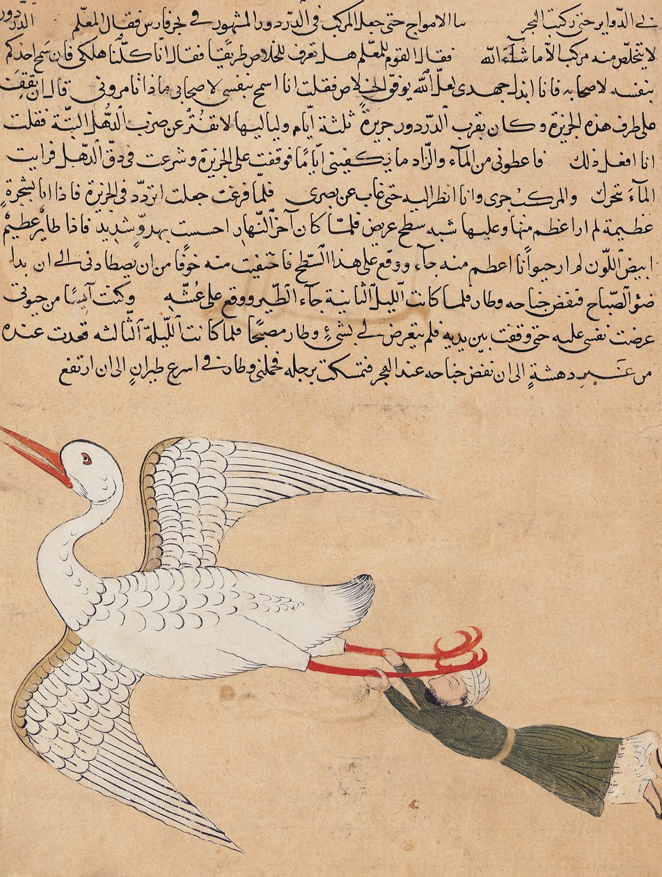 Paní E-7 fol.72a Merchant z Isfahan Flying, z „Zázraků stvoření a kuriozit existence“ od Zakariya-ibn Muhammed al-Qazwini od Islamic School