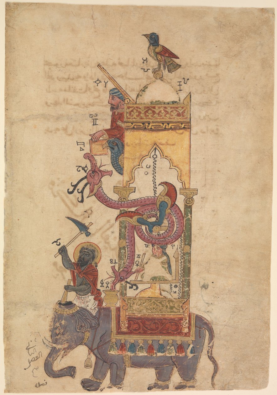 Sloní hodiny z knihy znalostí důmyslných mechanických zařízení od al-Jazariho, 1315 (inkoust, neprůhledný akvarel a zlato na papíře) od Islamic School