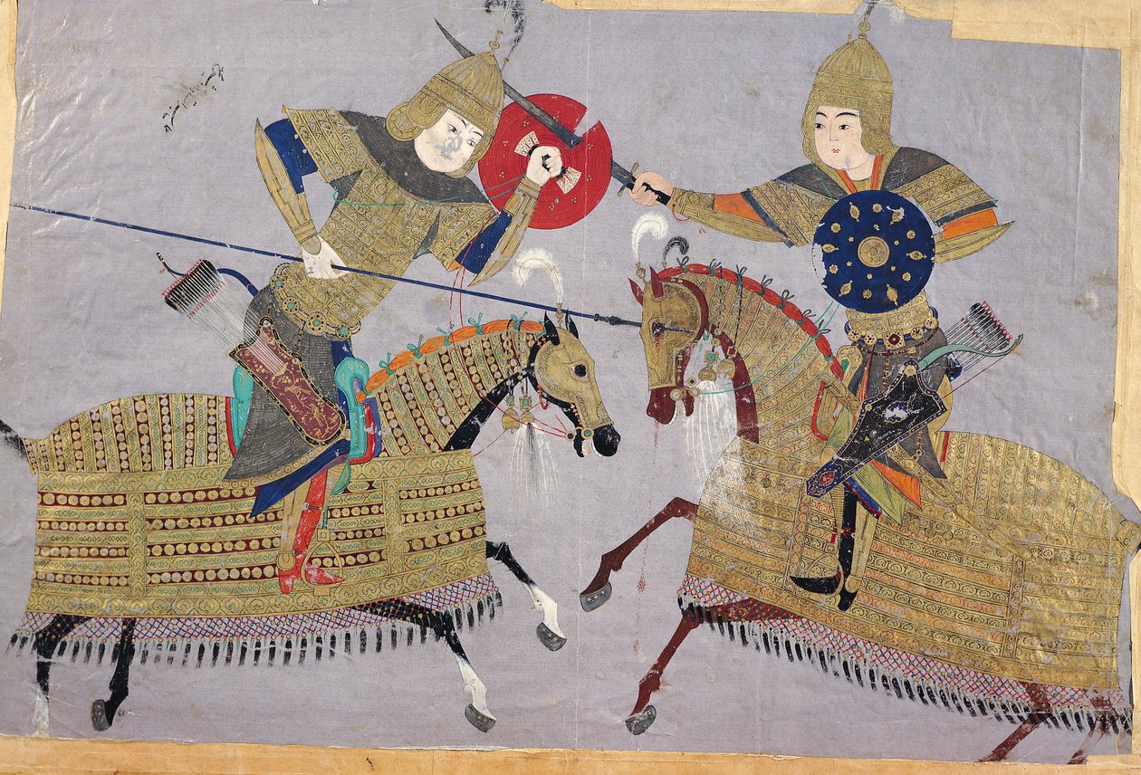 Dva válečníci na koních v boji, škola Tabriz, kolem 1480 od Islamic School