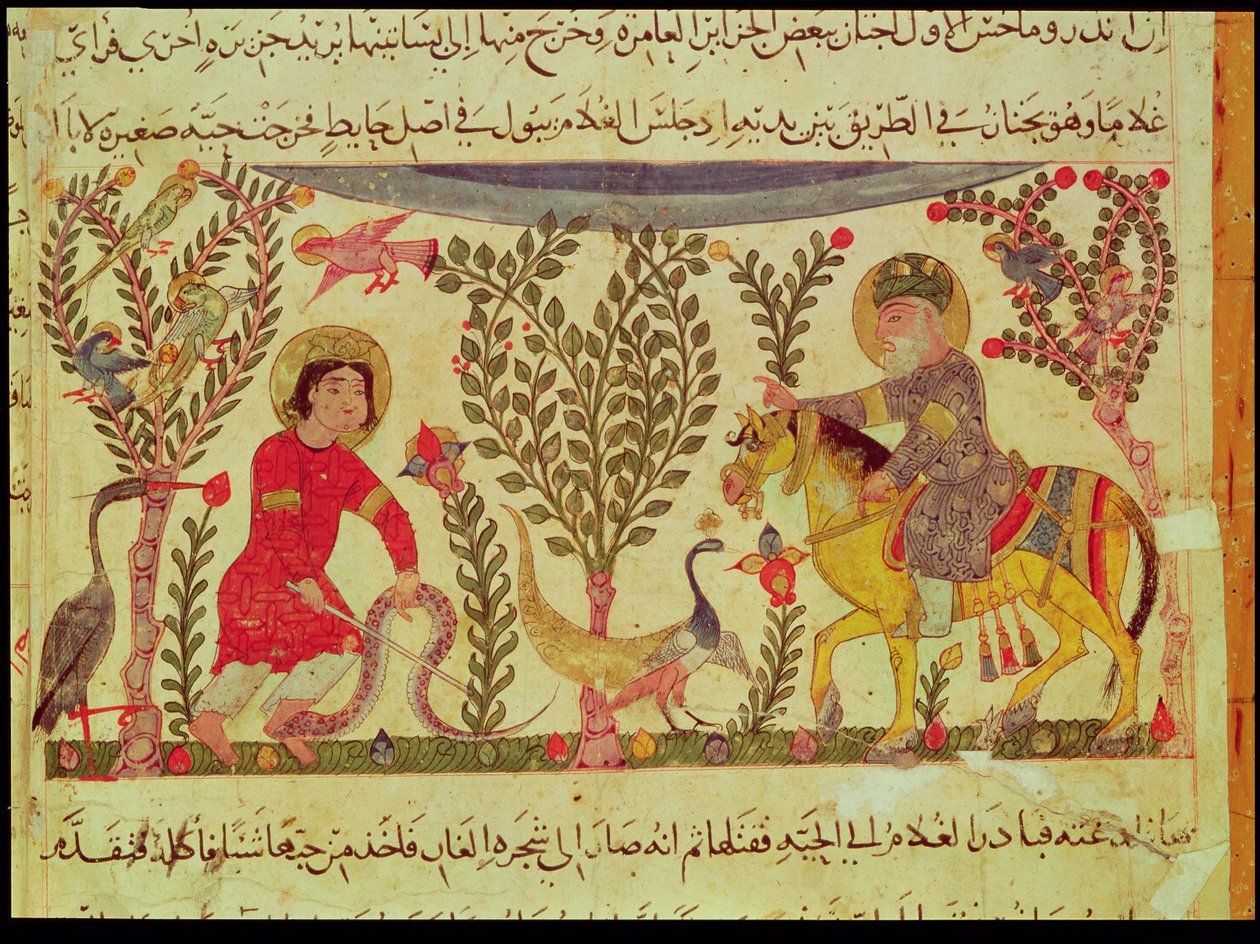 Lékař poskytující pomoc muži uštknutému hadem, rukopis z Dioskoridova traktátu, 13. století. od Islamic School