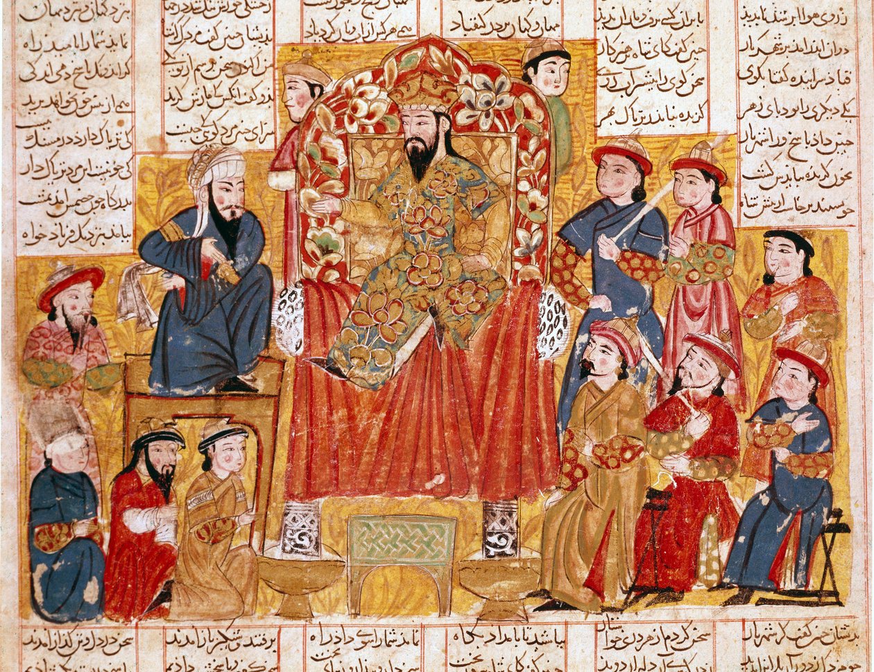 Islámské umění: „“Sultán a jeho dvůr““ perská miniatura z rukopisu epické básně „“ Shahnameh““ (Shah Nama, Shahnama) (Kniha králů) od Ferdowsiho (Firdawsi, nebo Ferdawsi, nebo Firdousi, ca. 940-kolem 1020) Kolem 1330 muzeum Topkapi, Istanbul od Islamic School