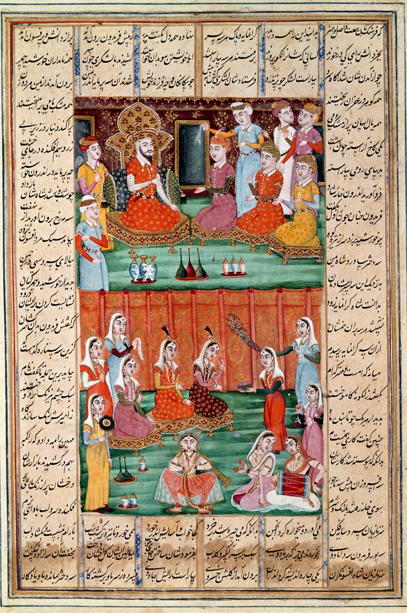 Islámské umění: „Sňatek tří dcer Sera, krále Jemenu““ Perská miniatura z rukopisu epické básně „“ Shahnameh““ (Shah Nama, Shahnama) (Kniha králů) od Ferdowsiho (Firdawsi nebo Ferdawsiho nebo Firdousi, cca 940-kolem 1020) (ms. 60 od Islamic School