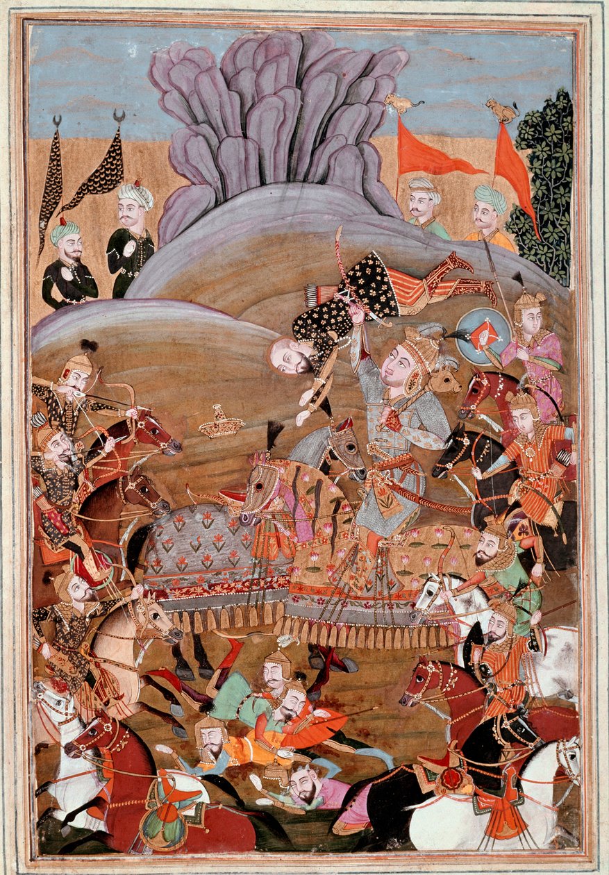Islámské umění: “”Rustamův první boj proti Afrasiab”” perská miniatura z rukopisu epické básně “” Shahnameh””” (Shah Nama, Shahnama) (Kniha králů) od Ferdowsiho (Firdawsi, nebo Ferdawsi, nebo Firdousi, ca. 940-kolem 1020) (ms. 607) Chantilly, Mu od Islamic School