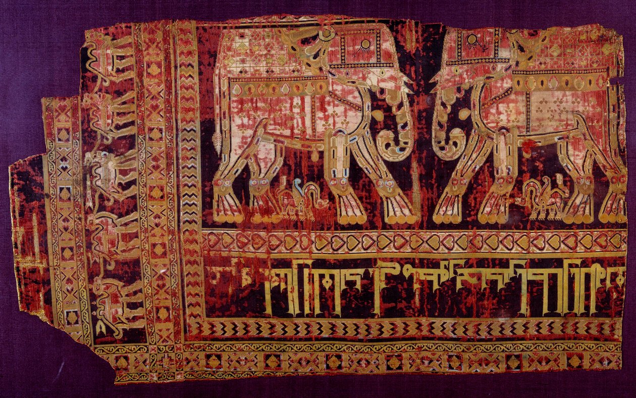 Islámské umění: Shroud of Saint Josse. Hedvábná tkanina, 901 AD. Z opatství Saint Josse, Khorasan, Chorasan nebo Khurasan. Herat, moderní Afghánistán. Paříž, muzeum Louvre od Islamic School