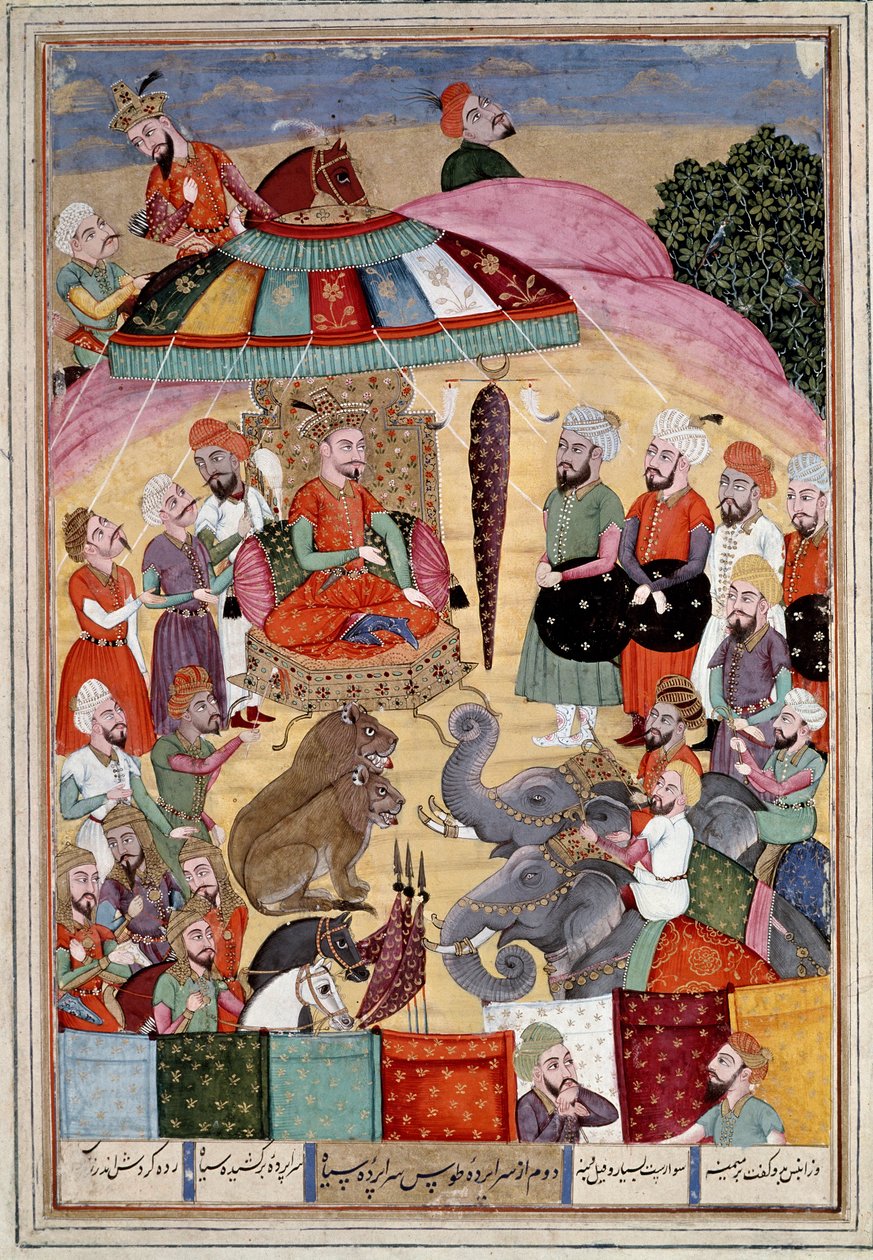 Islámské umění: “” Sohrab (Saarab) před královským stanem”” Perská miniatura z rukopisu epické básně “” Shahnameh”” (Shah Nama, Shahnama) (Kniha králů) od Ferdowsiho (Firdawsi nebo Ferdawsi, nebo Firdousi, asi 940-kolem 1020) (ms. 607) Chantil od Islamic School