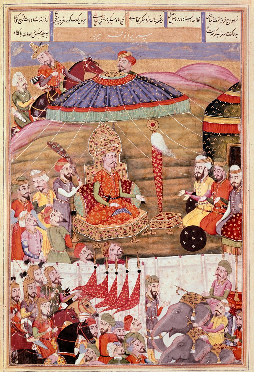Islámské umění: „“ Sohrab (Saarab) se znovu dívá na Roustamův stan“““ Perská miniatura z rukopisu epické básně „“ Shahnameh““ (Shah Nama, Shahnama) (Kniha králů) od Ferdowsiho (Firdawsi, popř. Ferdawsi, nebo Firdousi, asi 940-kolem 1020) (ms. 607) od Islamic School