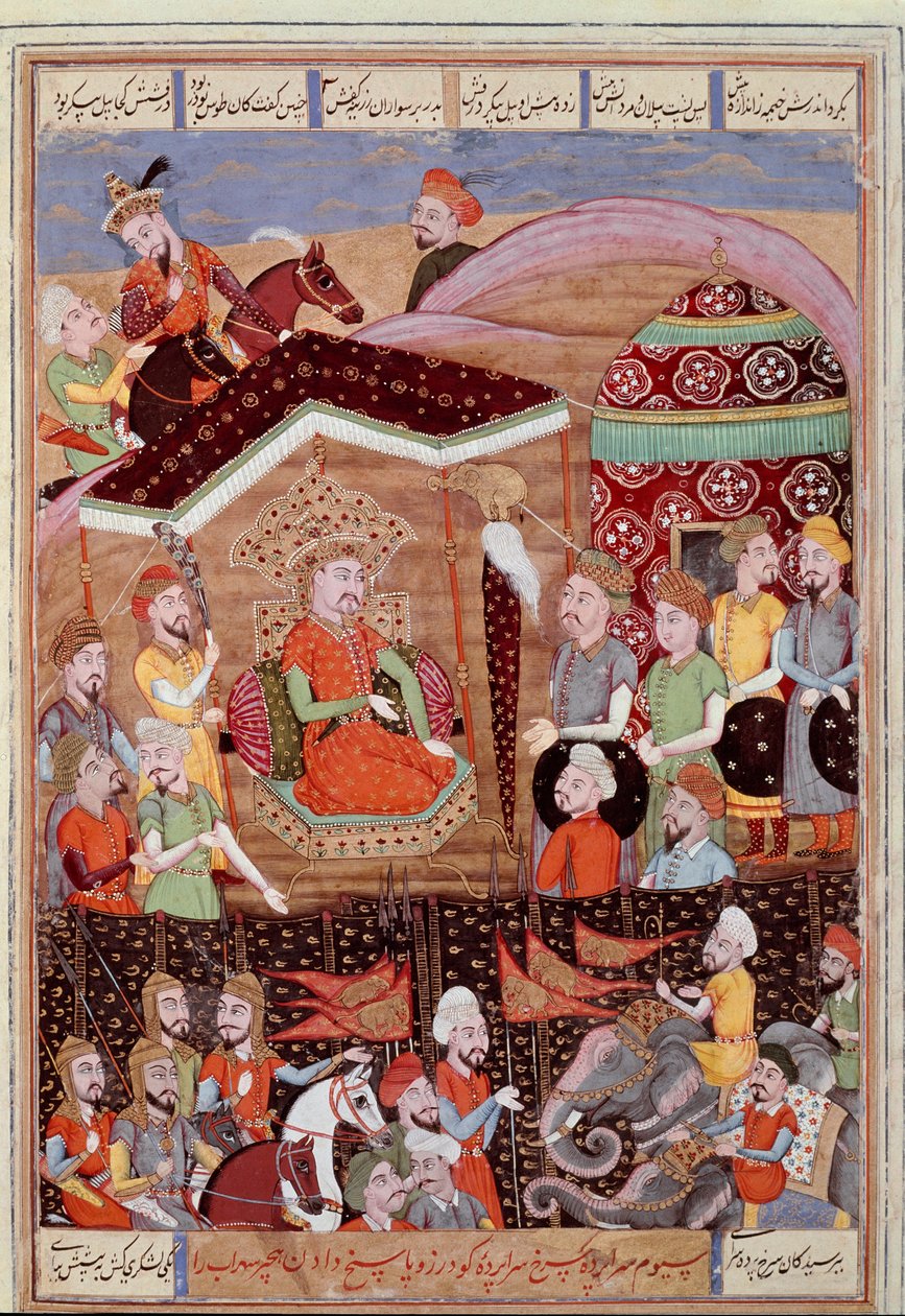 Islámské umění: „“ Sohrab (Saarab) se dívá na černý stan vůdců perské armády“““ Perská miniatura z rukopisu epické básně „“ Shahnameh“““ (Shah Nama, Shahnama) (Kniha králů) od Ferdowsiho (Firdawsi, nebo Ferdawsi, nebo Firdousi, asi 6 od Islamic School