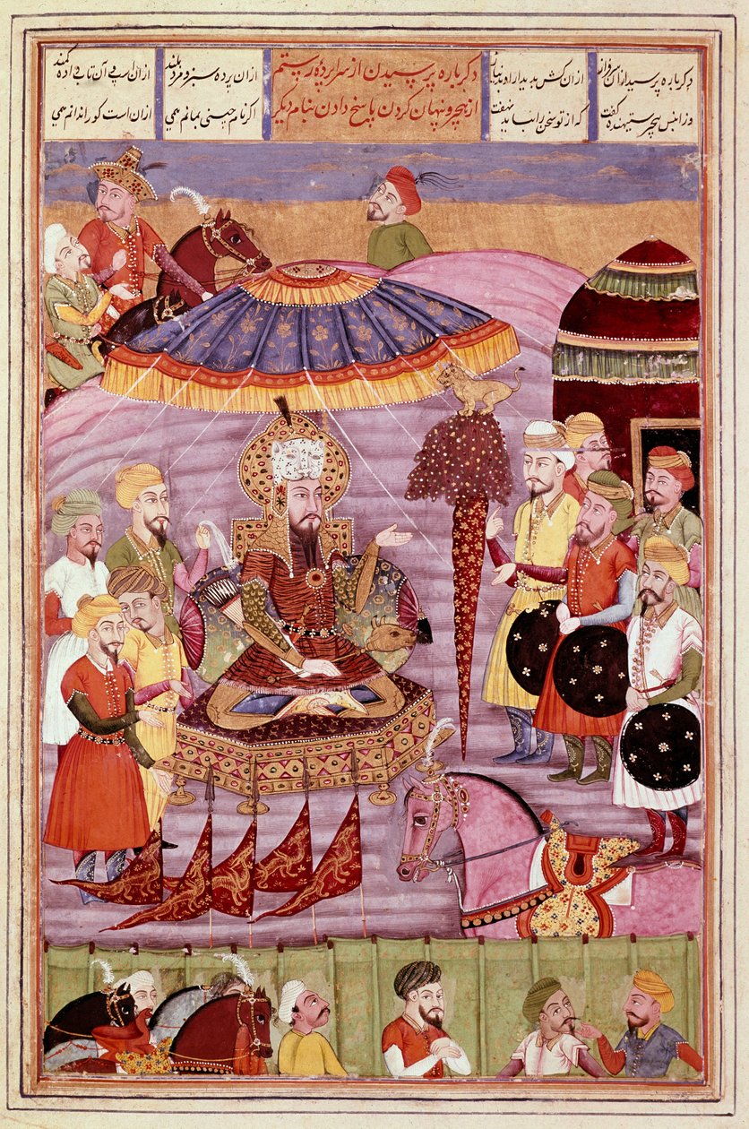 Islámské umění: „“ Sohrab (Saarab) se dívá na stan Rostame“““ Perská miniatura z rukopisu epické básně „“ Shahnameh““ (Shah Nama, Shahnama) (Kniha králů) od Ferdowsiho (Firdawsi nebo Ferdawsiho nebo Firdousi, asi 940-kolem 1020) (ms. 607) Zpěv od Islamic School