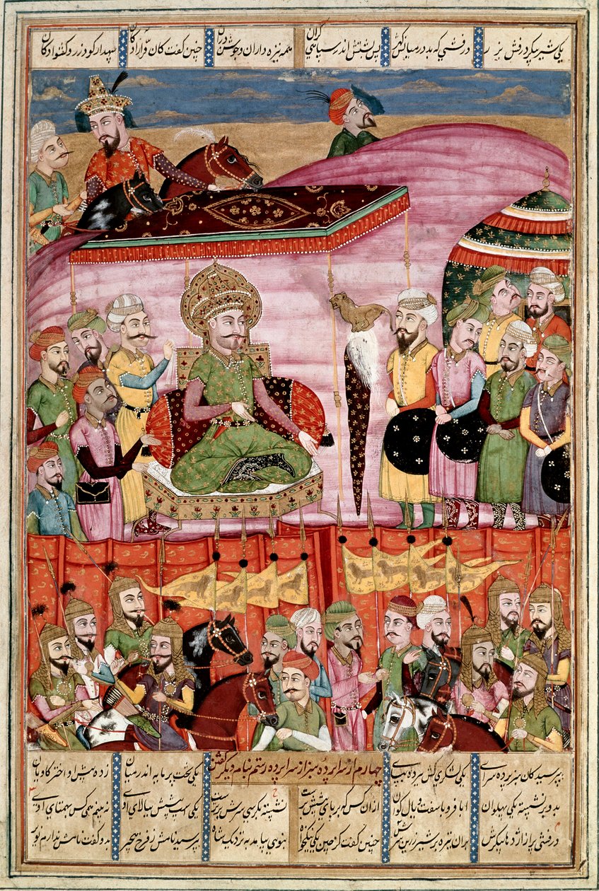 Islámské umění: „“ Sohrab (Saarab) stojí u stanu Roustam“““ Perská miniatura z rukopisu epické básně „“ Shahnameh““ (Shah Nama, Shahnama) (Kniha králů) od Ferdowsiho (Firdawsi nebo Ferdawsiho nebo Firdousi, asi 940-kolem 1020) (ms. 607) Lly, od Islamic School