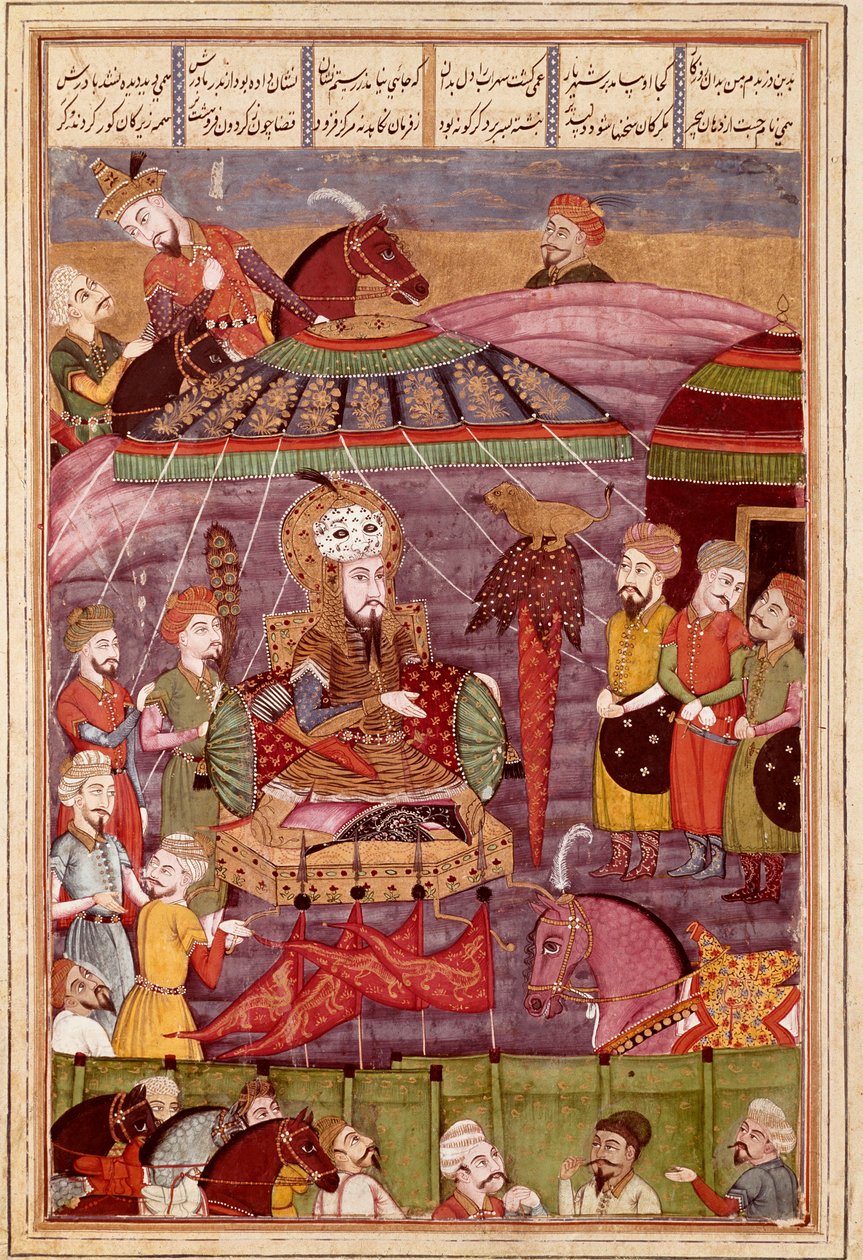 Islámské umění: „“ Sohrab se dívá na červený stan Rostameho, svého otce““ Perská miniatura z rukopisu epické básně „“ Shahnameh““ (Shah Nama, Shahnama) (Kniha králů) od Ferdowsiho (Firdawsi nebo Ferdawsi nebo Firdousi, cca 940-kolem 1020) (ms. 607) od Islamic School