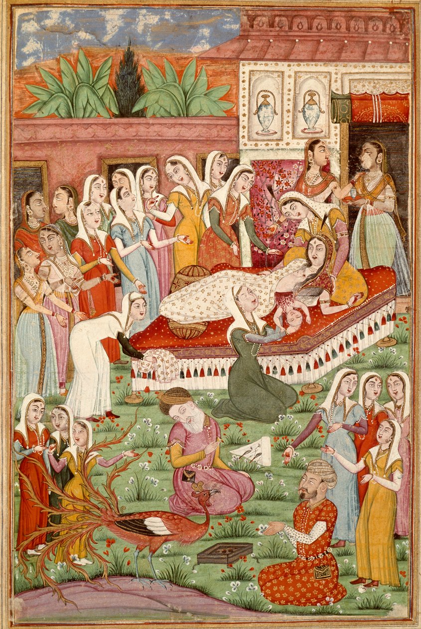Islámské umění: „Zrození Cesariana z Roustamu“““ perská miniatura z rukopisu epické básně „“ Shahnameh““ (Shah Nama, Shahnama) (Kniha králů) od Ferdowsiho (Firdawsi, nebo Ferdawsi, nebo Firdousi, cca 940-kolem 1020) (ms. 607) Chantilly, Musee C od Islamic School