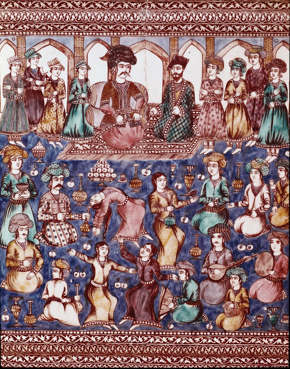 Islámské umění: hudebníci a tanečníci dvora Nasser-al-Din (Nasser al-Din nebo Nasser al-Din, ale také Nassereddin nebo Nassiruddin od Islamic School