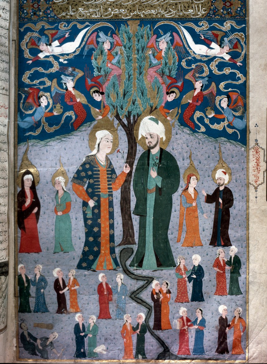 Islámské znázornění miniatury Adama a Evy z rukopisu „Zubdat al Tawarikh“ (Zubdat al Tawarikh) (Creme of Stories) od historika Seyyida Loqmana Ashuriho 1538. Muzeum tureckého a islámského umění Istanbul od Islamic School