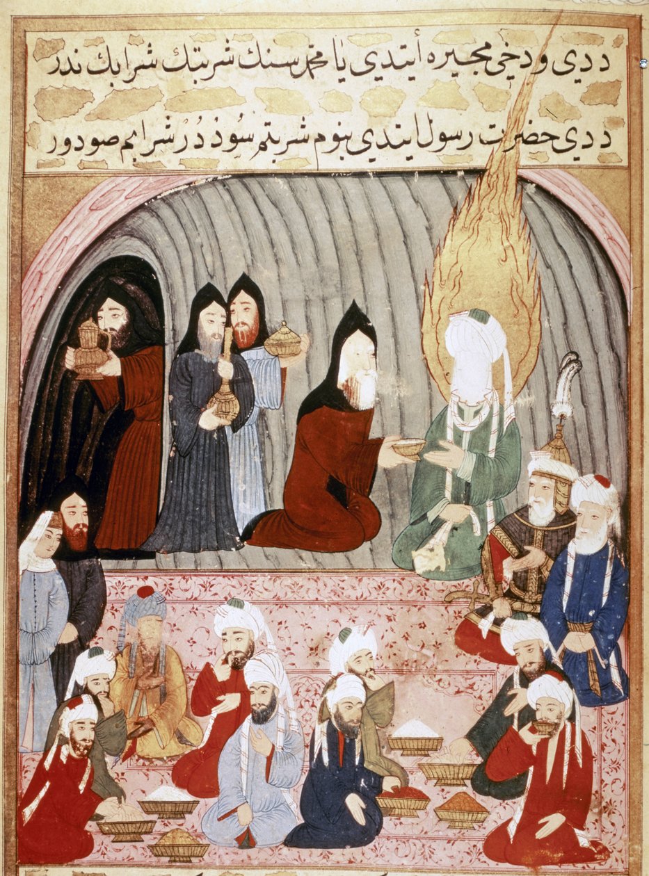 MUHAMMAD: Křesťanští mniši podávají Mohamedovi jídlo během jeho cesty do Sýrie. od Islamic School