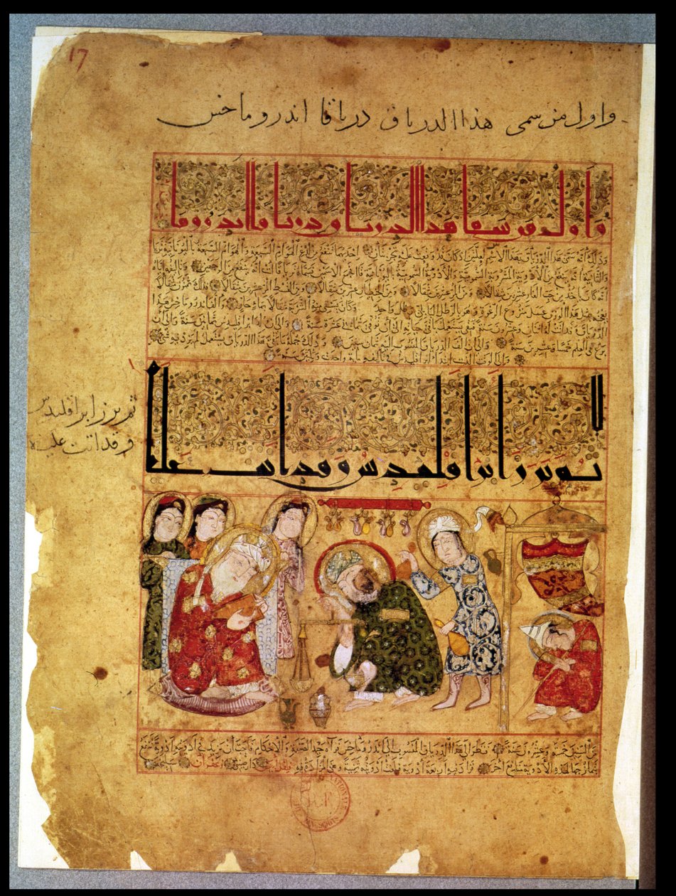 Paní Arabe 2964 fol. 17 Doktor Anoromachus léčí svého bratra uštknutého hadem z Pojednání o Theriacu po Galenovi, 1217 od Islamic School