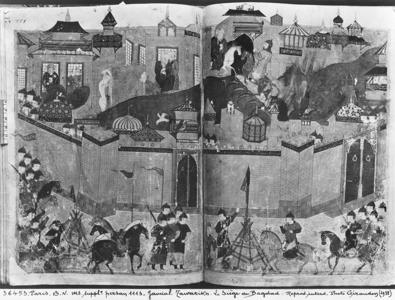 Ms Suppl Persan 1113 f.180-181 Mongolové pod vedením Hulagu Khan zaútočili a dobyli Bagdád v roce 1258, z 