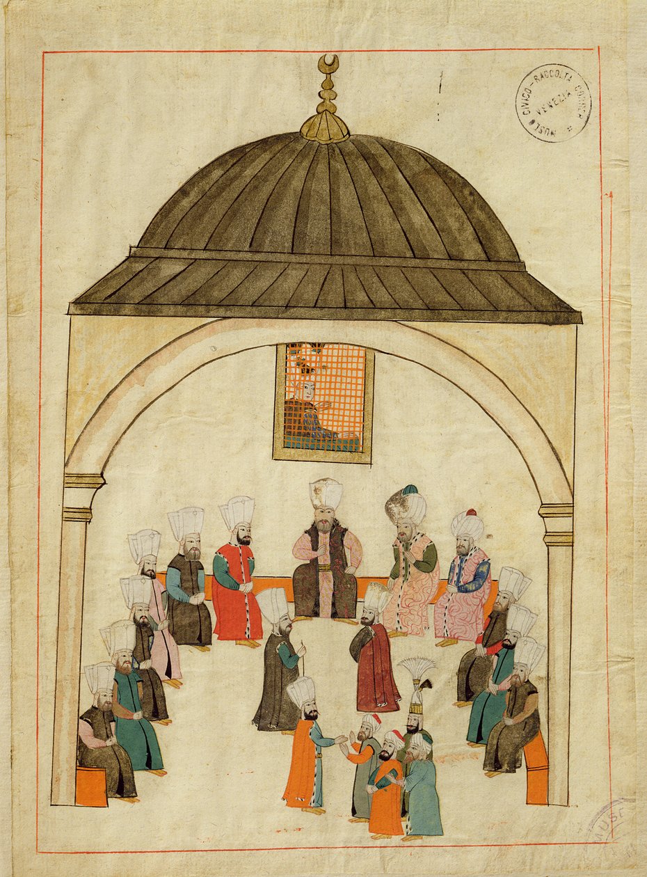 Paní cicogna 1971, miniatura z „Memory Turchese“ zobrazující císařský sál v paláci Topkapi, Konstantinopol, kolem roku 1580 od Islamic School
